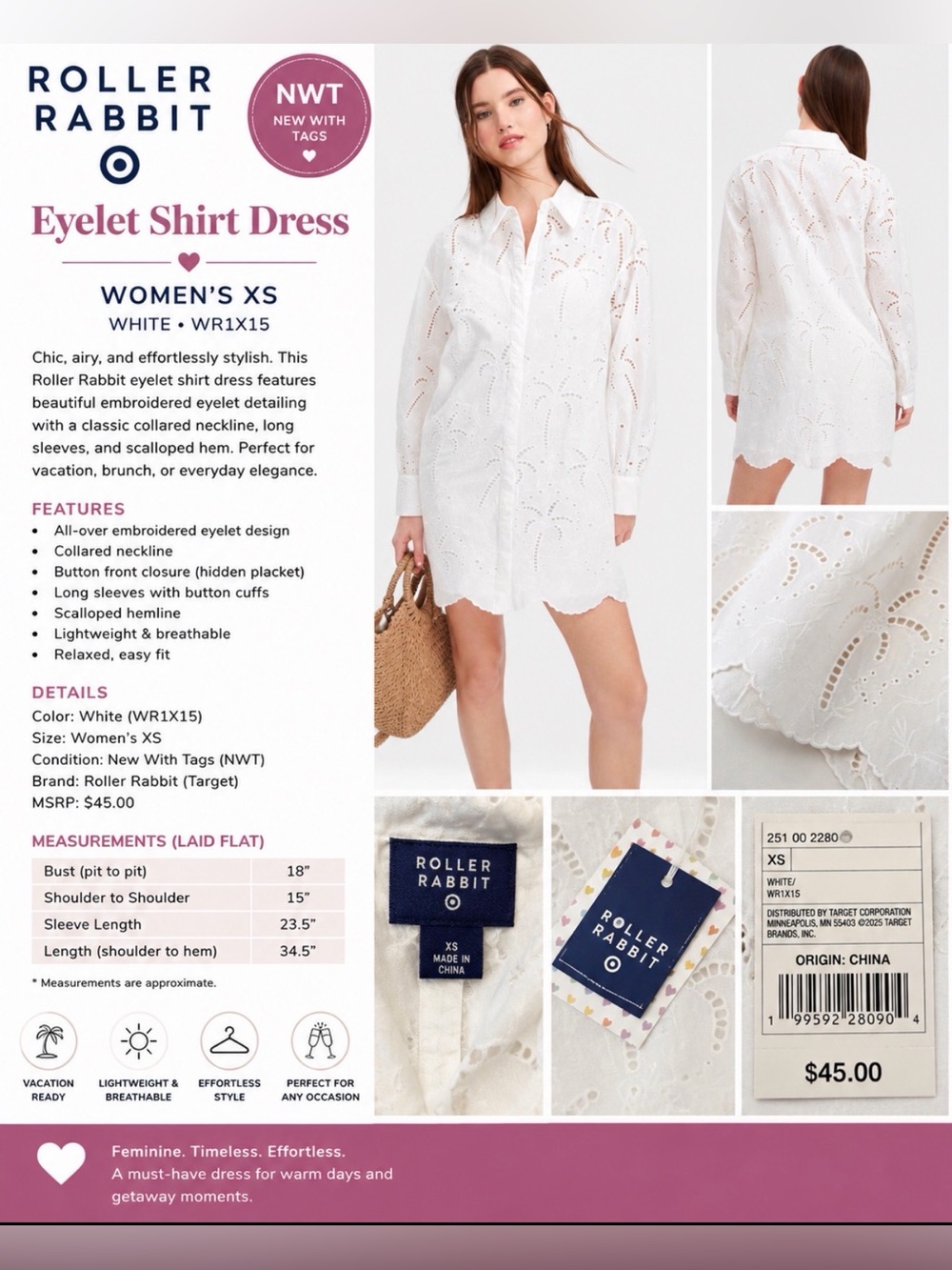 Roller Rabbit White Embroidered Eyelet Shirt Dress NWT size XS